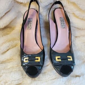 Isaac Mizrahi Black Patent Leather Italian Slingback Peep-toe Heels